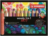 Stabilo Pastelky STABILO woody 3in1, sada 10 ks v pouzdru s ořezávátkem "ARTY"