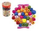 Teddies Korálky dřevěné barevné MAXI s gumičkami 106 ks v plastové dóze 9x13cm