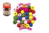 Teddies Korálky dřevěné barevné MAXI s gumičkami 54 ks v plastové dóze 7x11cm