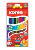 Kores Kores Jumbo DUO trojhranné pastelky 5 mm s ořezávátkem 12 barev + 2 metalické barvy